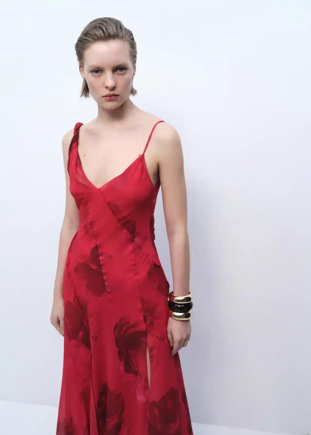Red Asymmetrical Floral Dress, , large image number 0