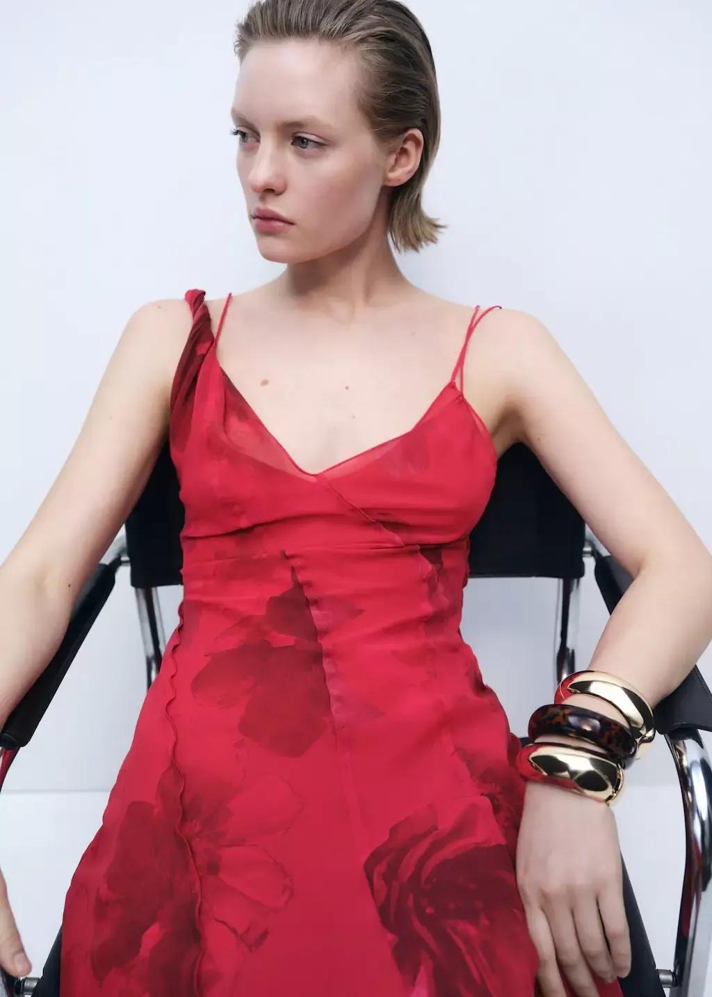 Red Asymmetrical Floral Dress, , large image number 1