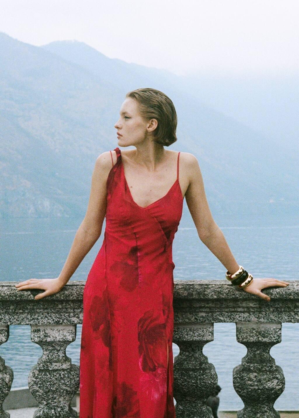 Red Asymmetrical Floral Dress, , large image number 5