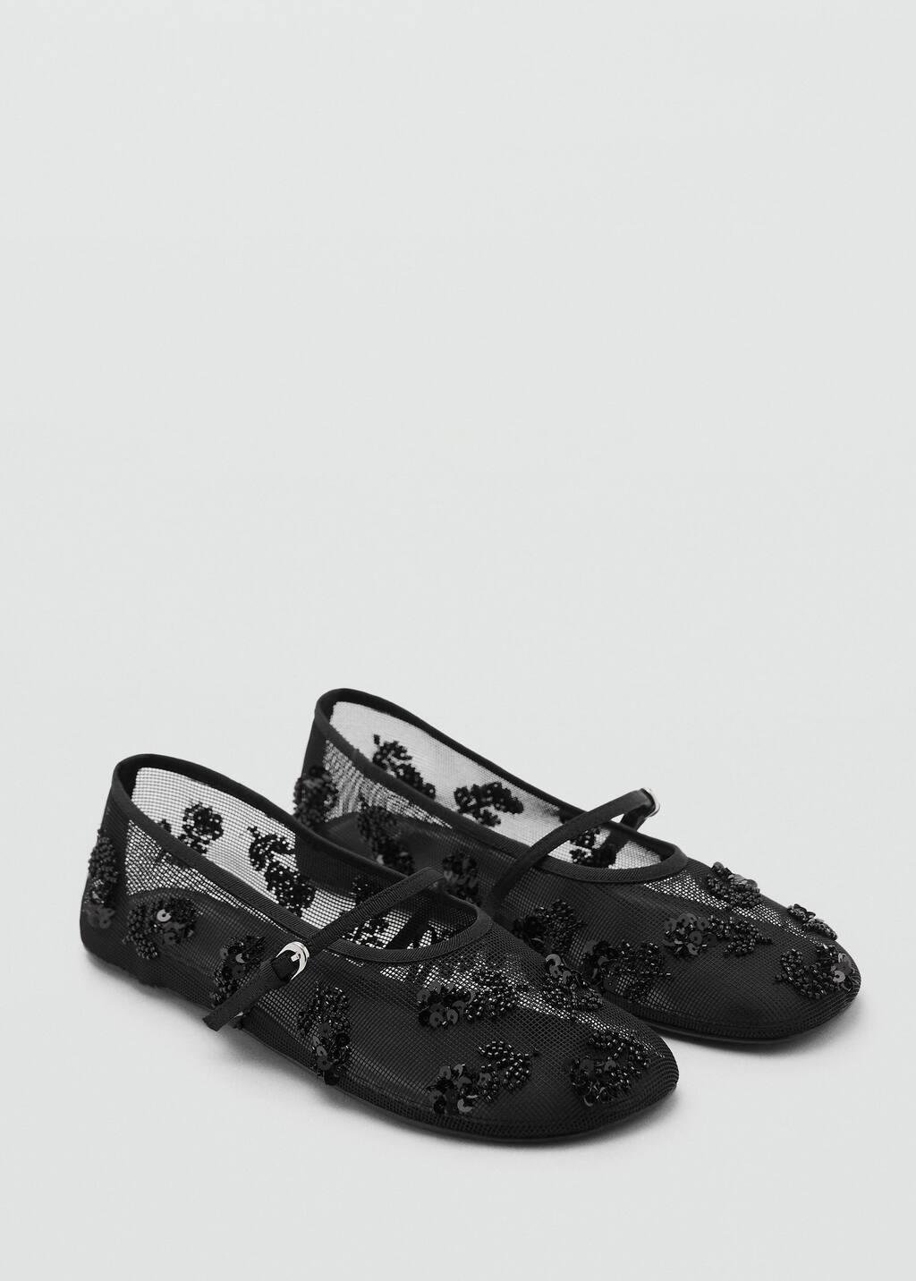 Black Ballerina Flats With Embroidered Strap And Buckle, , medium