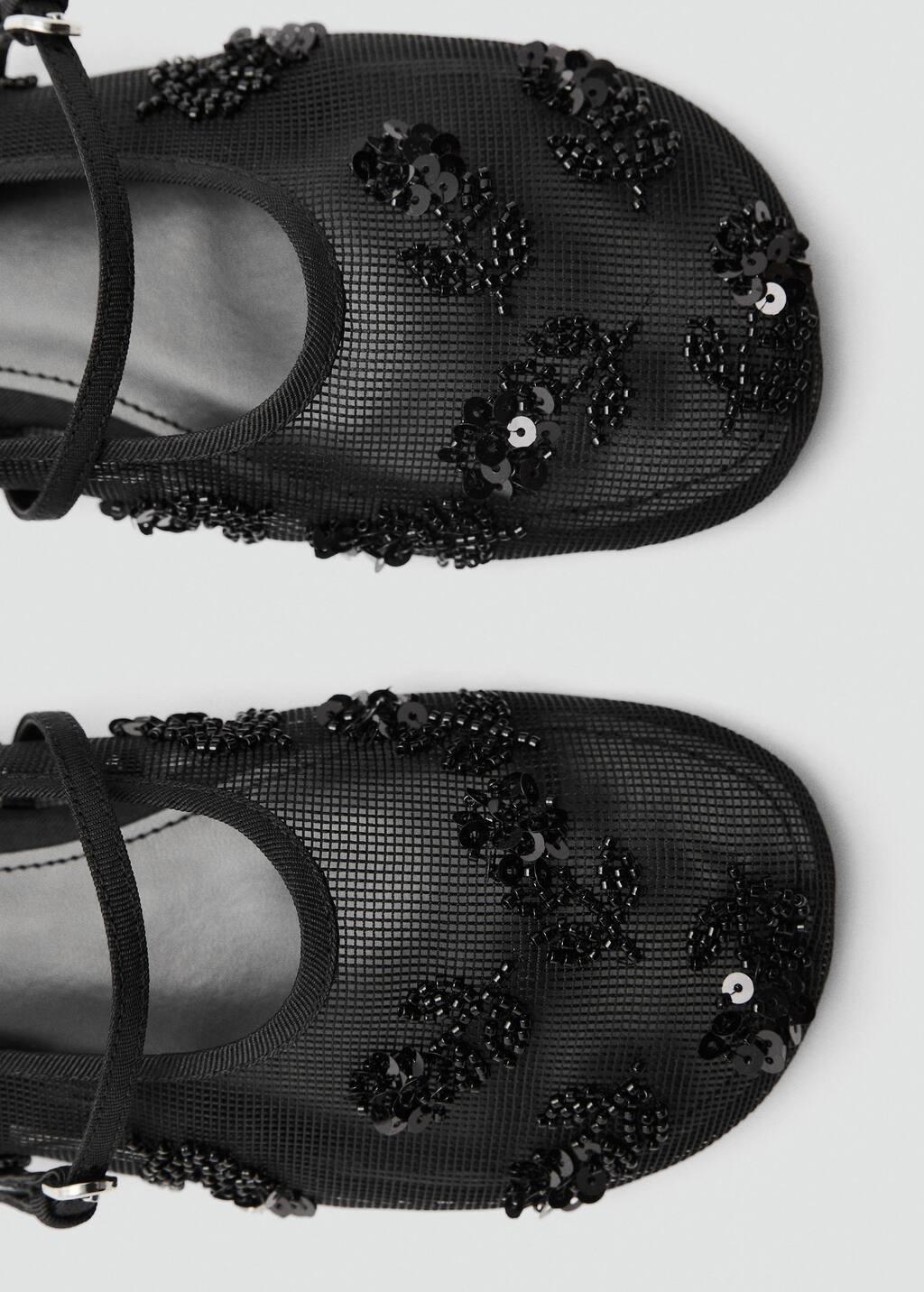 Black Ballerina Flats With Embroidered Strap And Buckle, , large image number 1