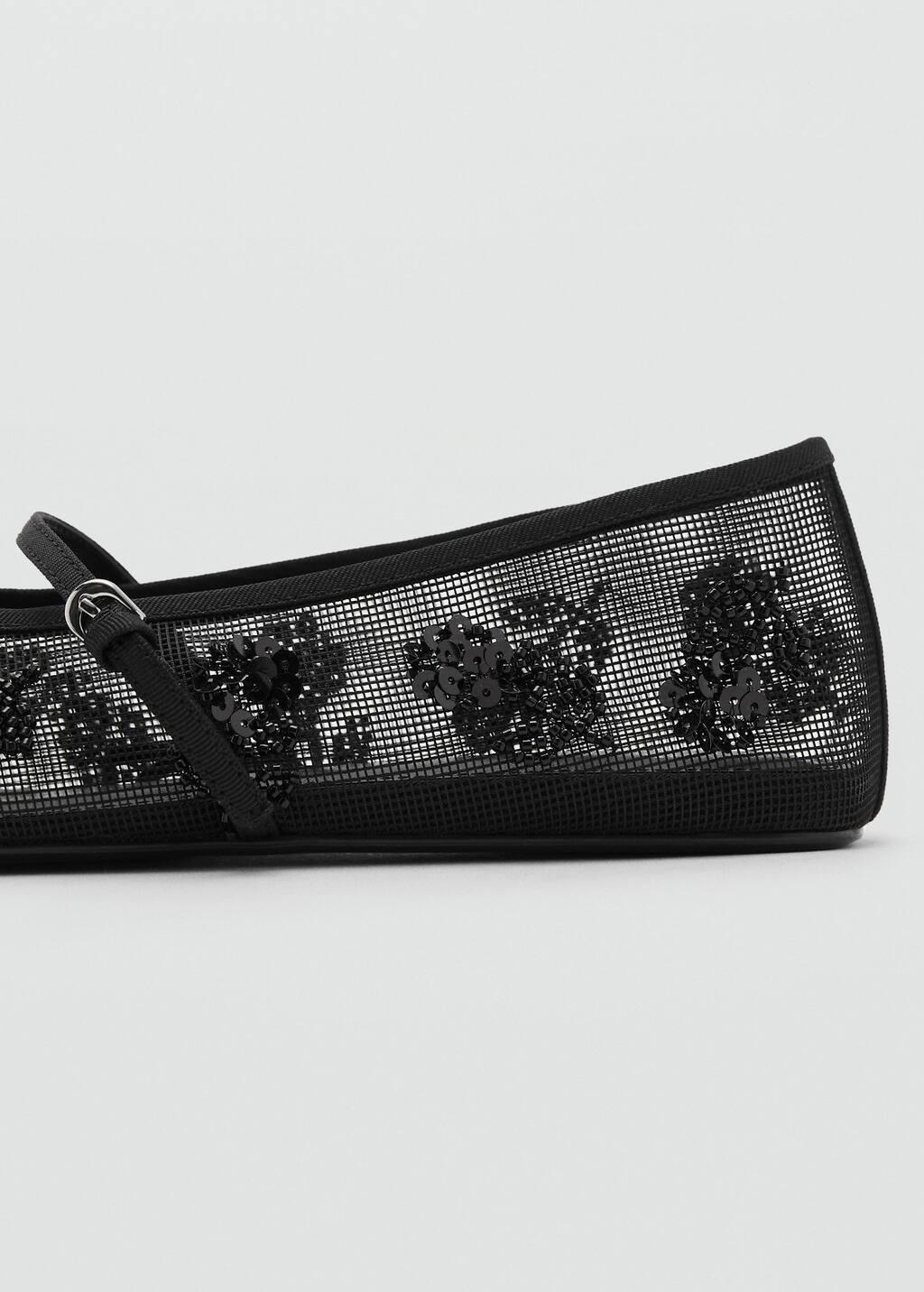 Black Ballerina Flats With Embroidered Strap And Buckle, , large image number 2