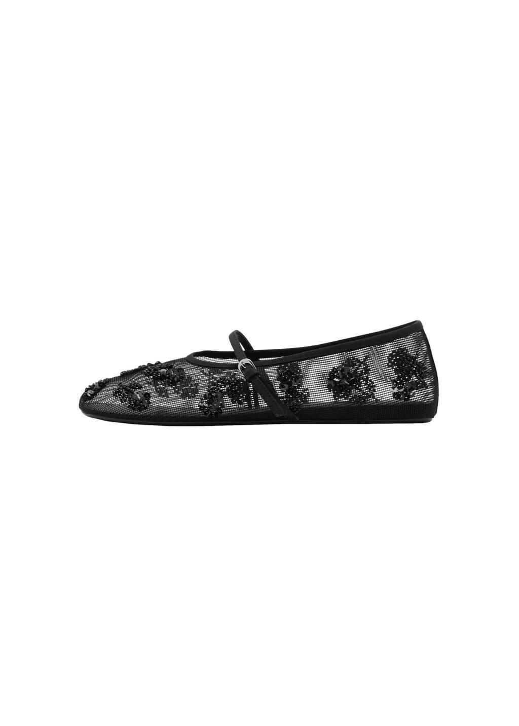 Black Ballerina Flats With Embroidered Strap And Buckle, , large image number 3