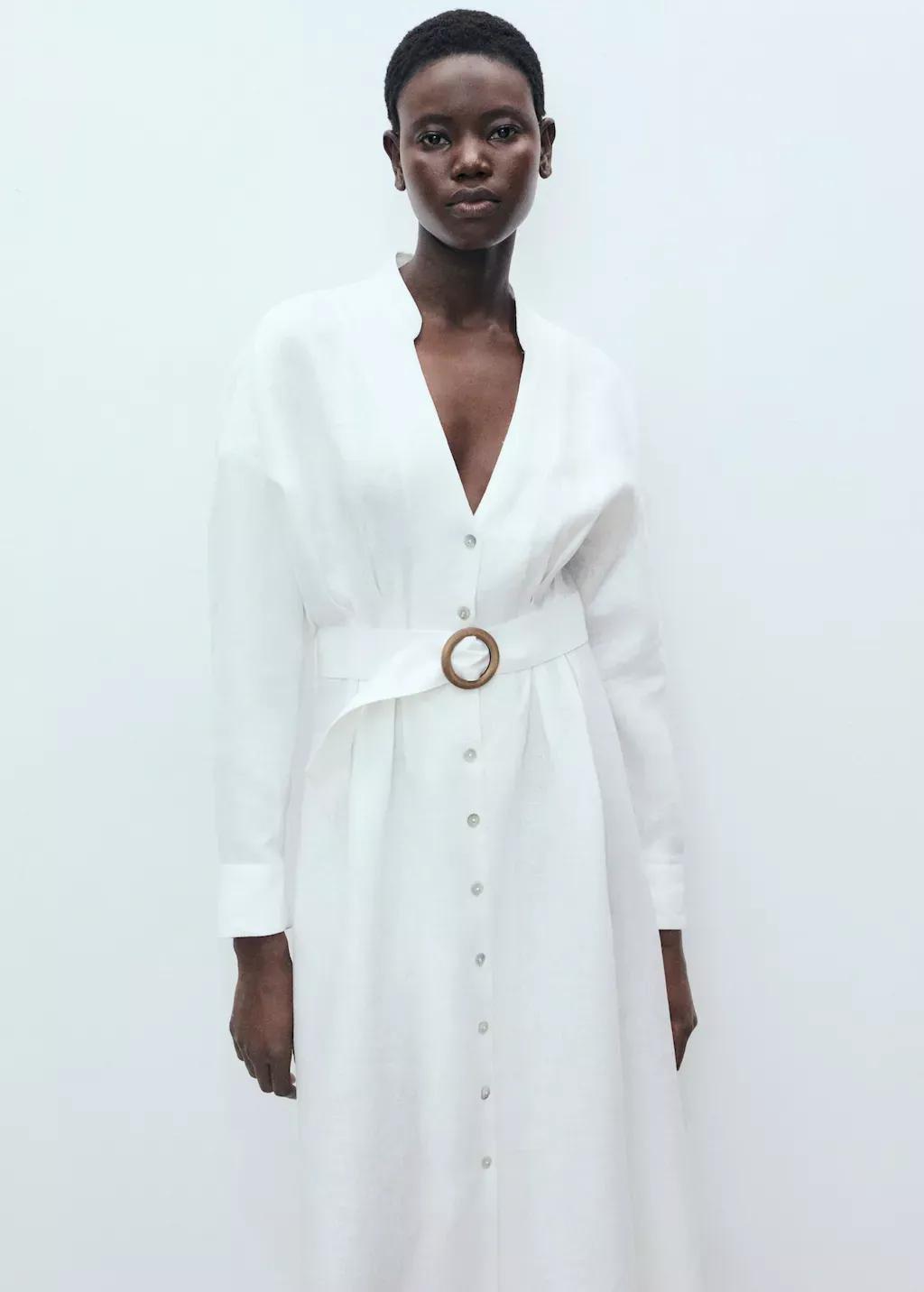 White Linen Shirt Dress With Belt, , large image number 0
