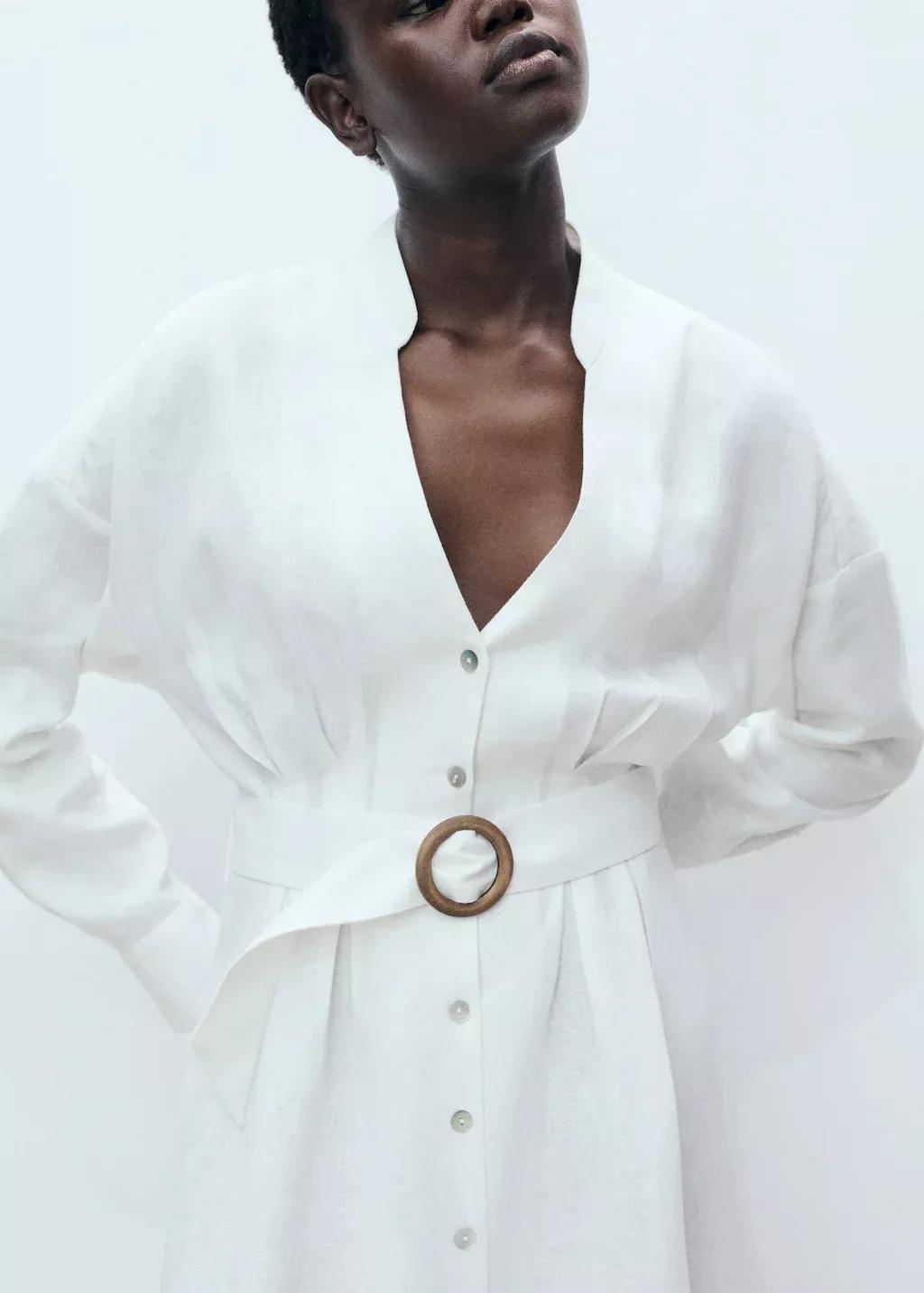 White Linen Shirt Dress With Belt, , large image number 1