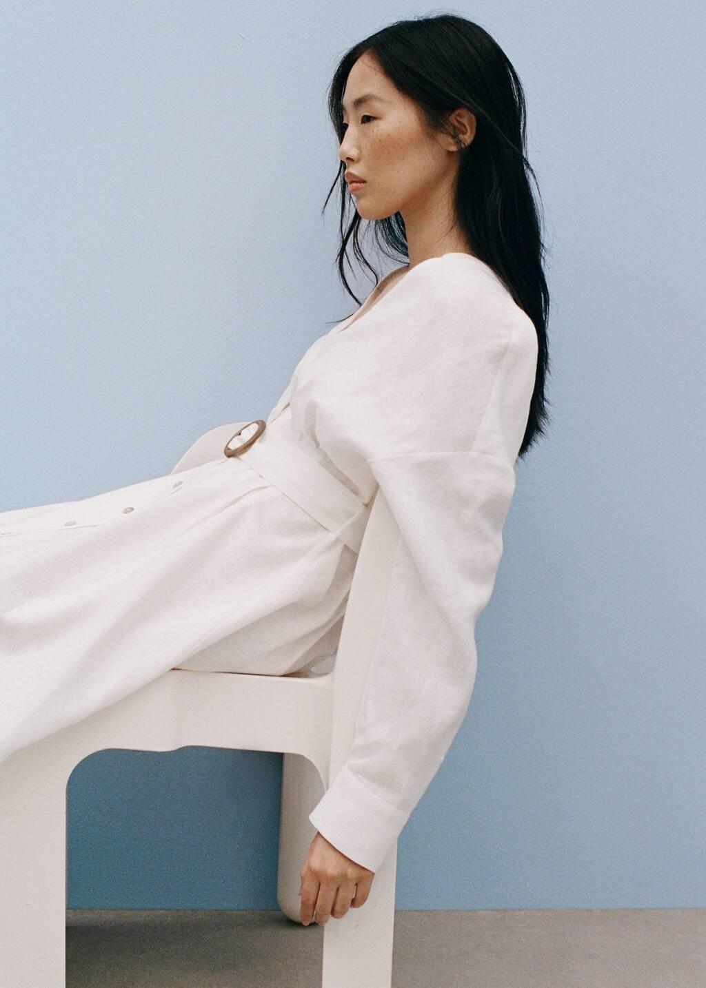 White Linen Shirt Dress With Belt, , large image number 2