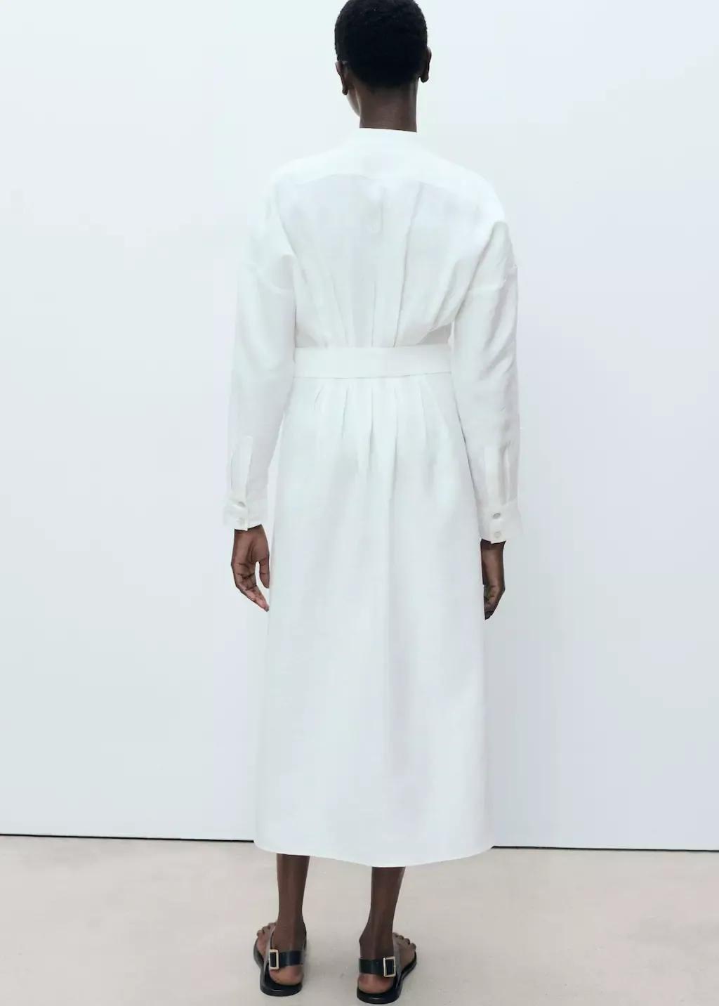 White Linen Shirt Dress With Belt, , large image number 5