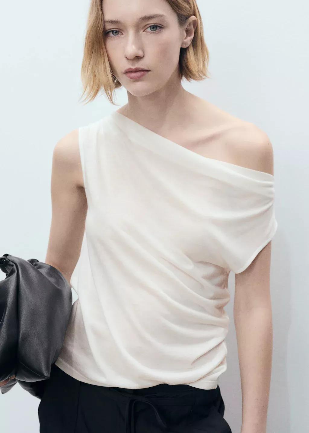 Beige Lyocell Top With Draped Neck, , large image number 0