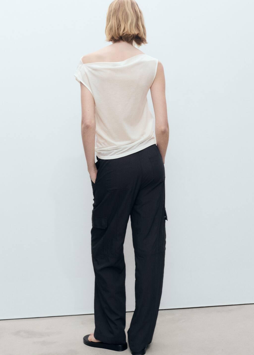 Beige Lyocell Top With Draped Neck, , large image number 1
