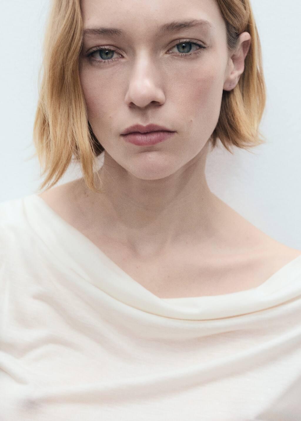 Beige Lyocell Top With Draped Neck, , large image number 2