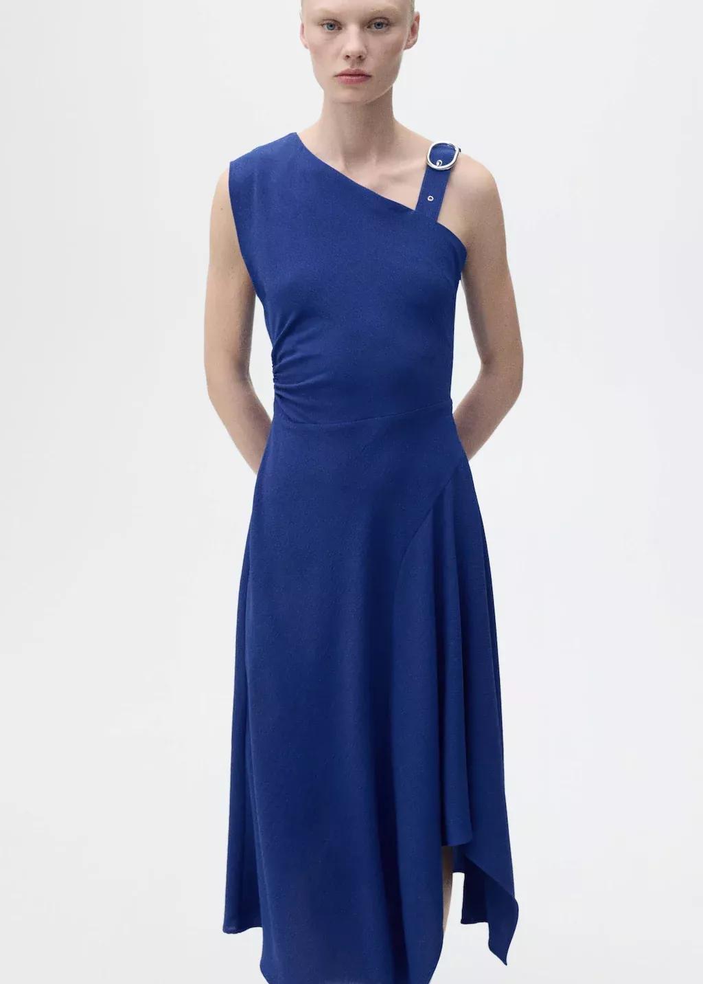 Blue Asymmetrical Buckle Strap Dress, , large image number 0