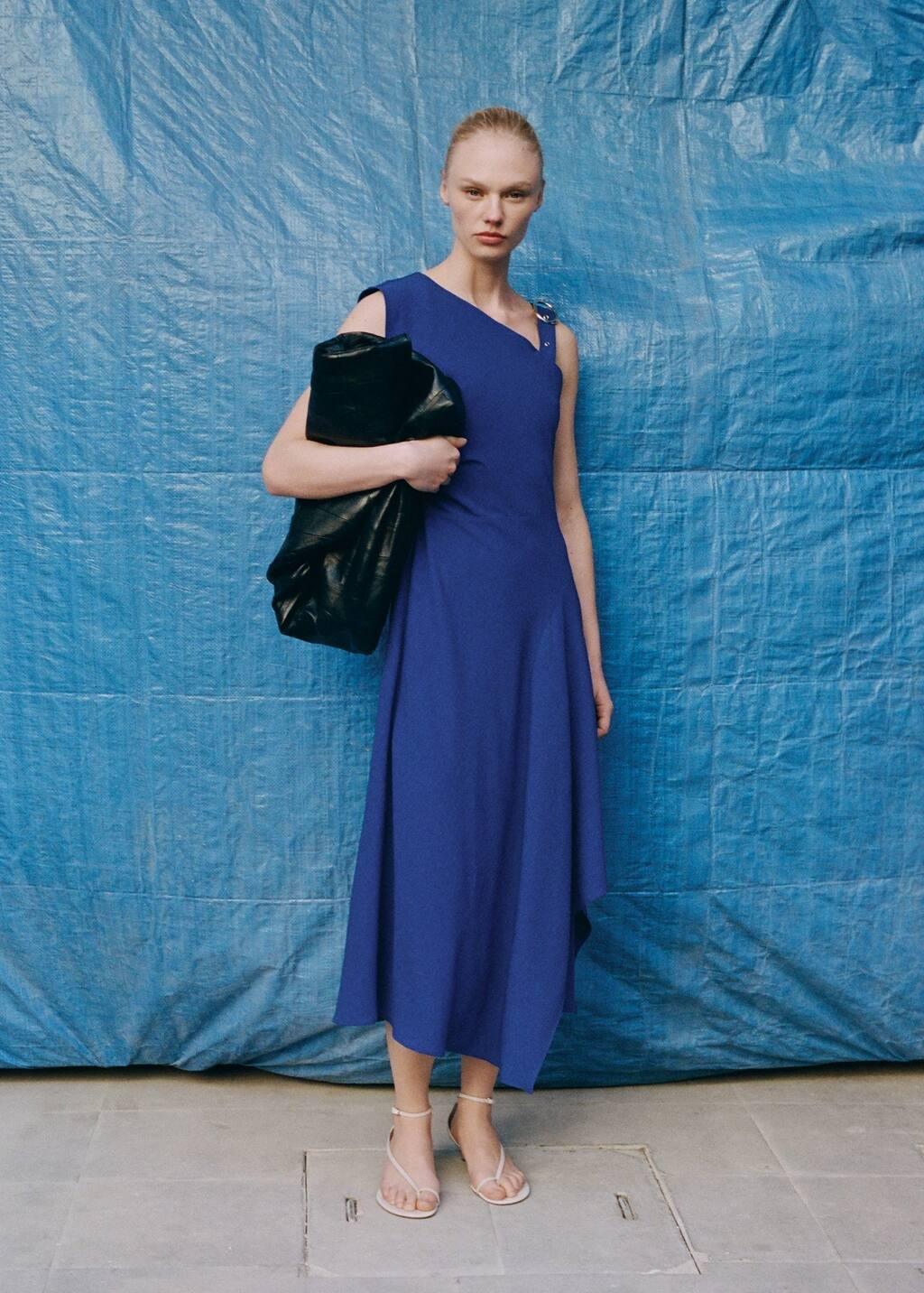 Blue Asymmetrical Buckle Strap Dress, , large image number 3