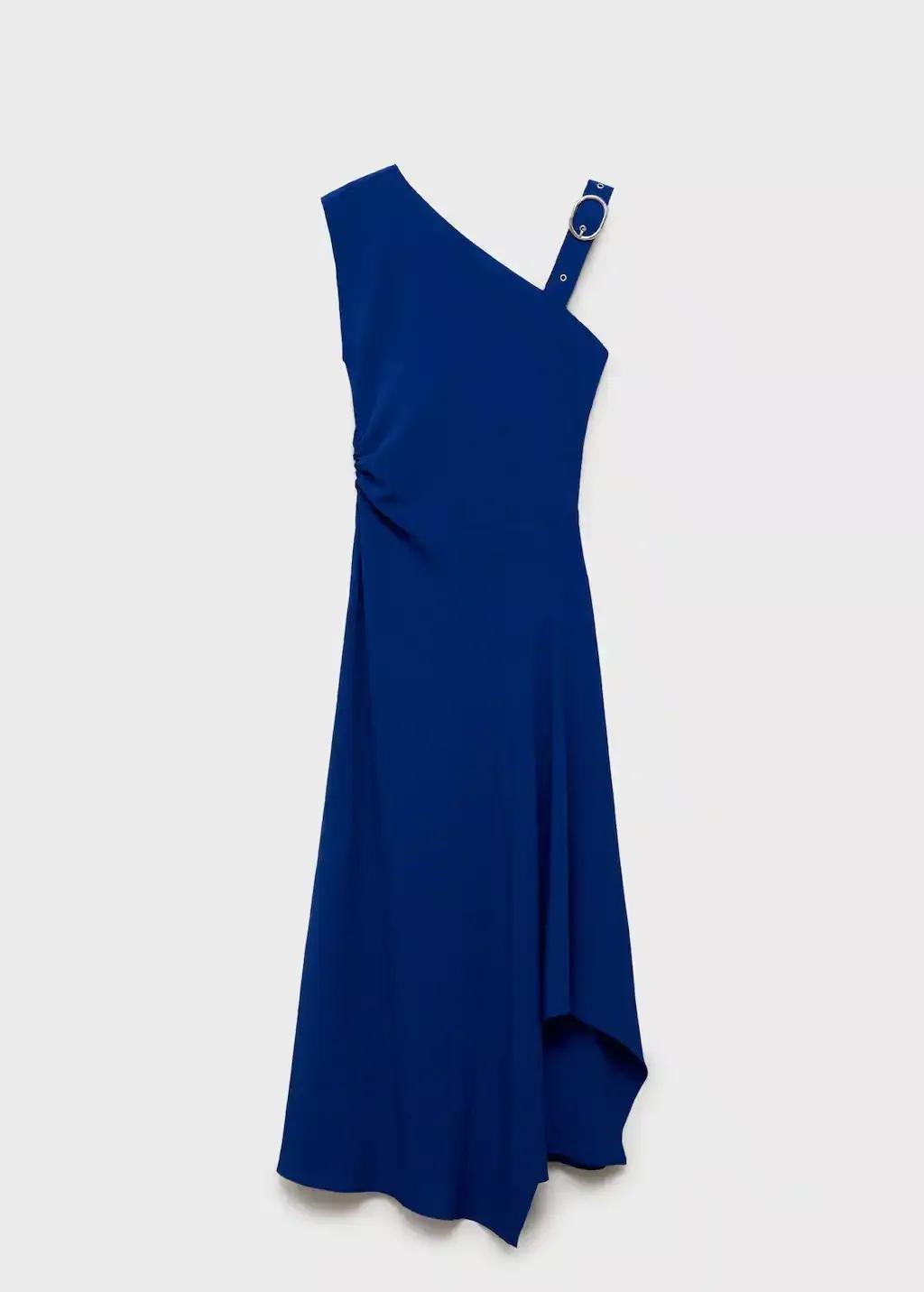 Blue Asymmetrical Buckle Strap Dress, , large image number 4