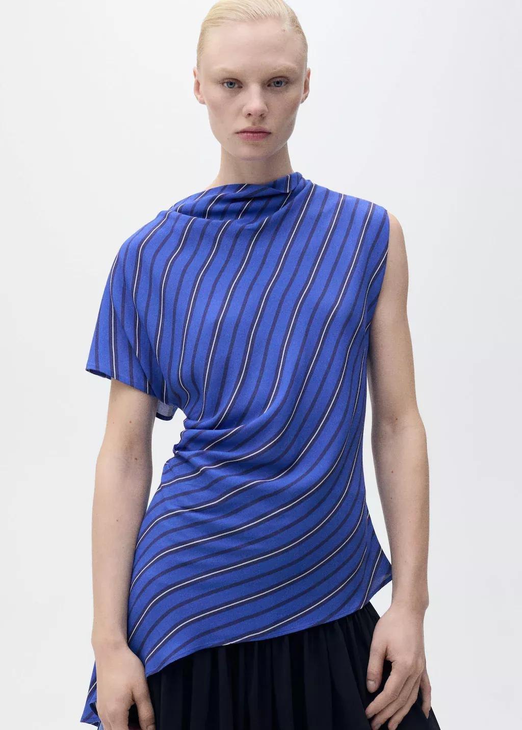 Blue Asymmetrical Striped Blouse, , large image number 0