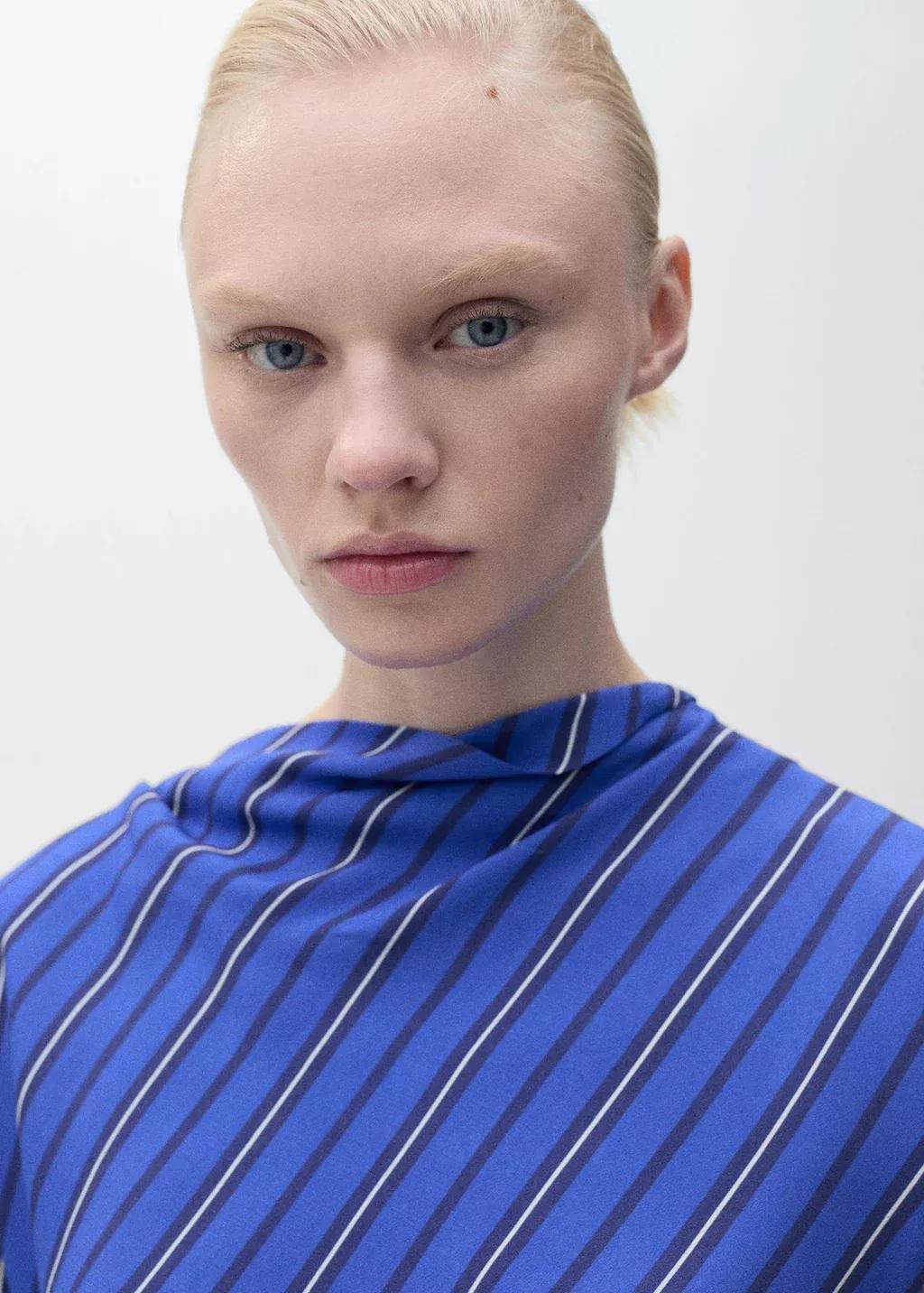 Blue Asymmetrical Striped Blouse, , large image number 1