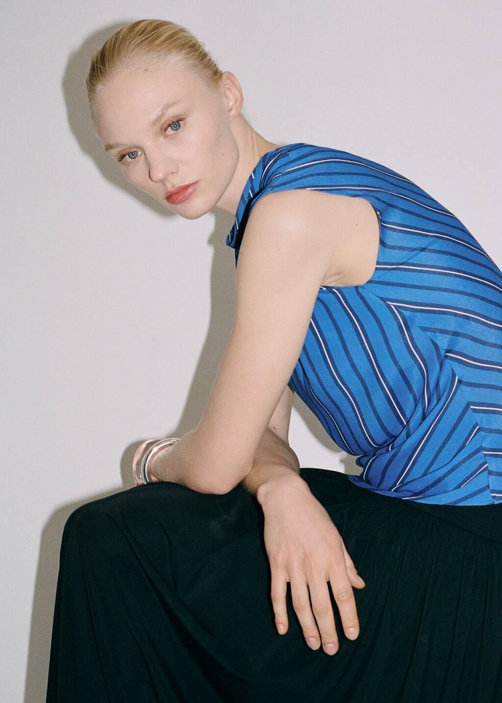 Blue Asymmetrical Striped Blouse, , large image number 3