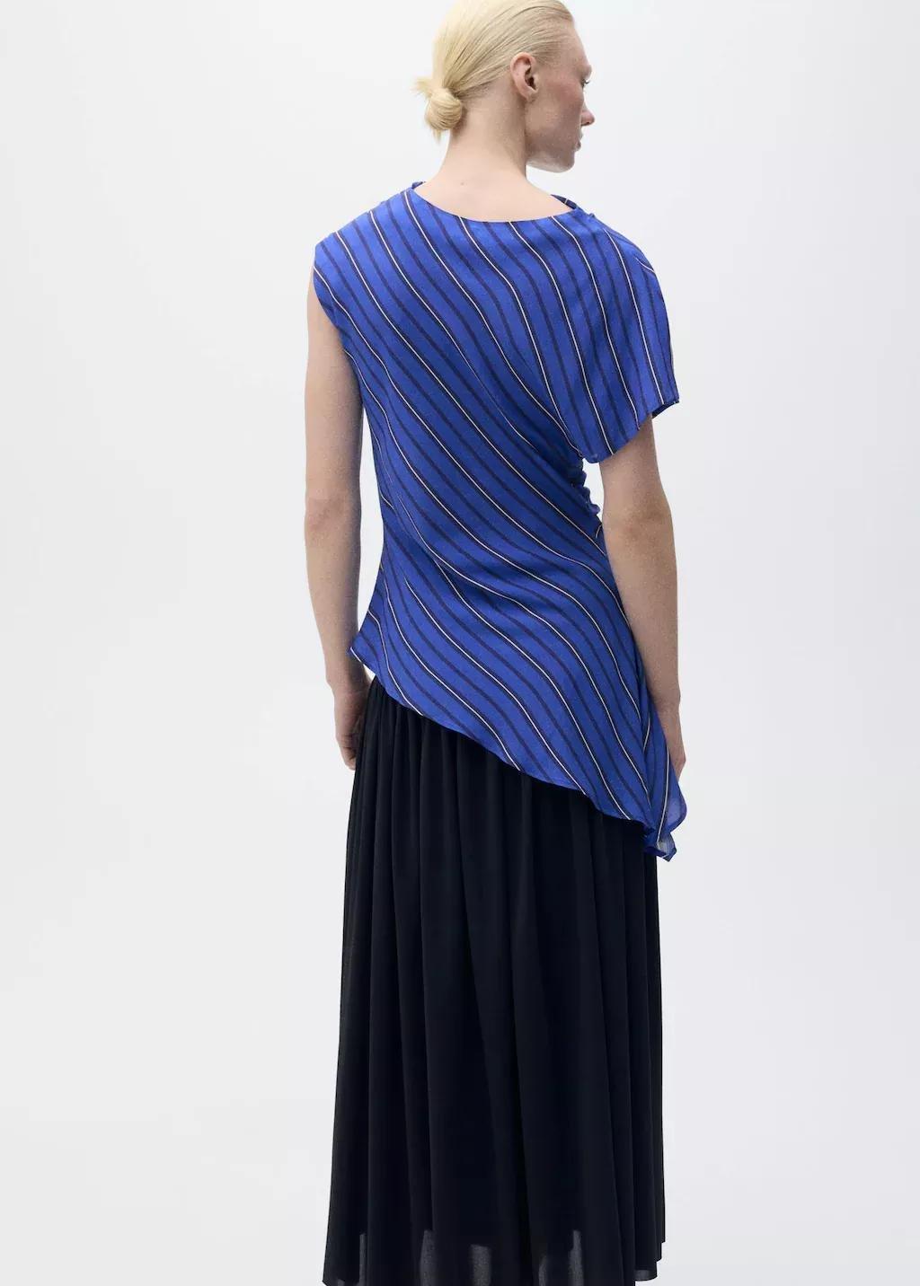 Blue Asymmetrical Striped Blouse, , large image number 5