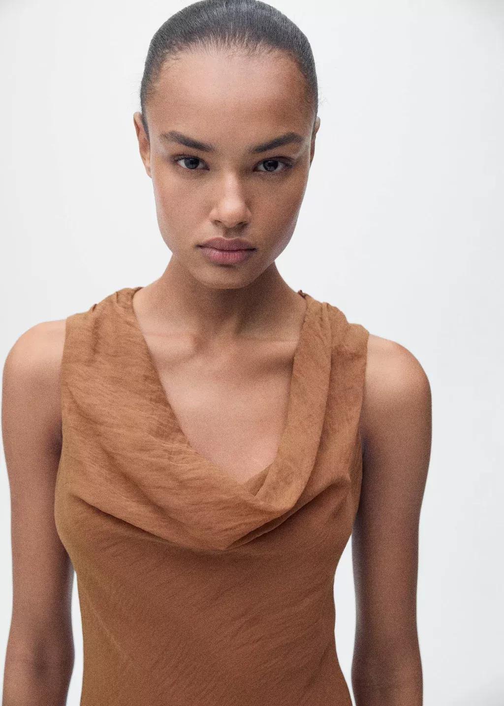 Brown Draped Neck Lyocell Dress, , large image number 1