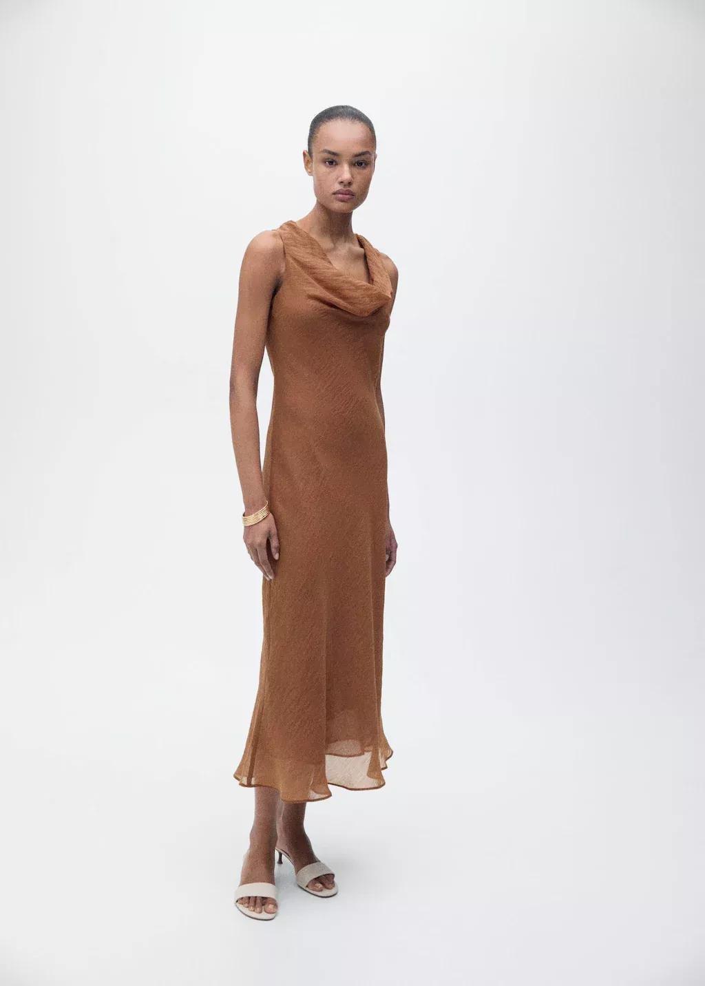 Brown Draped Neck Lyocell Dress, , large image number 2