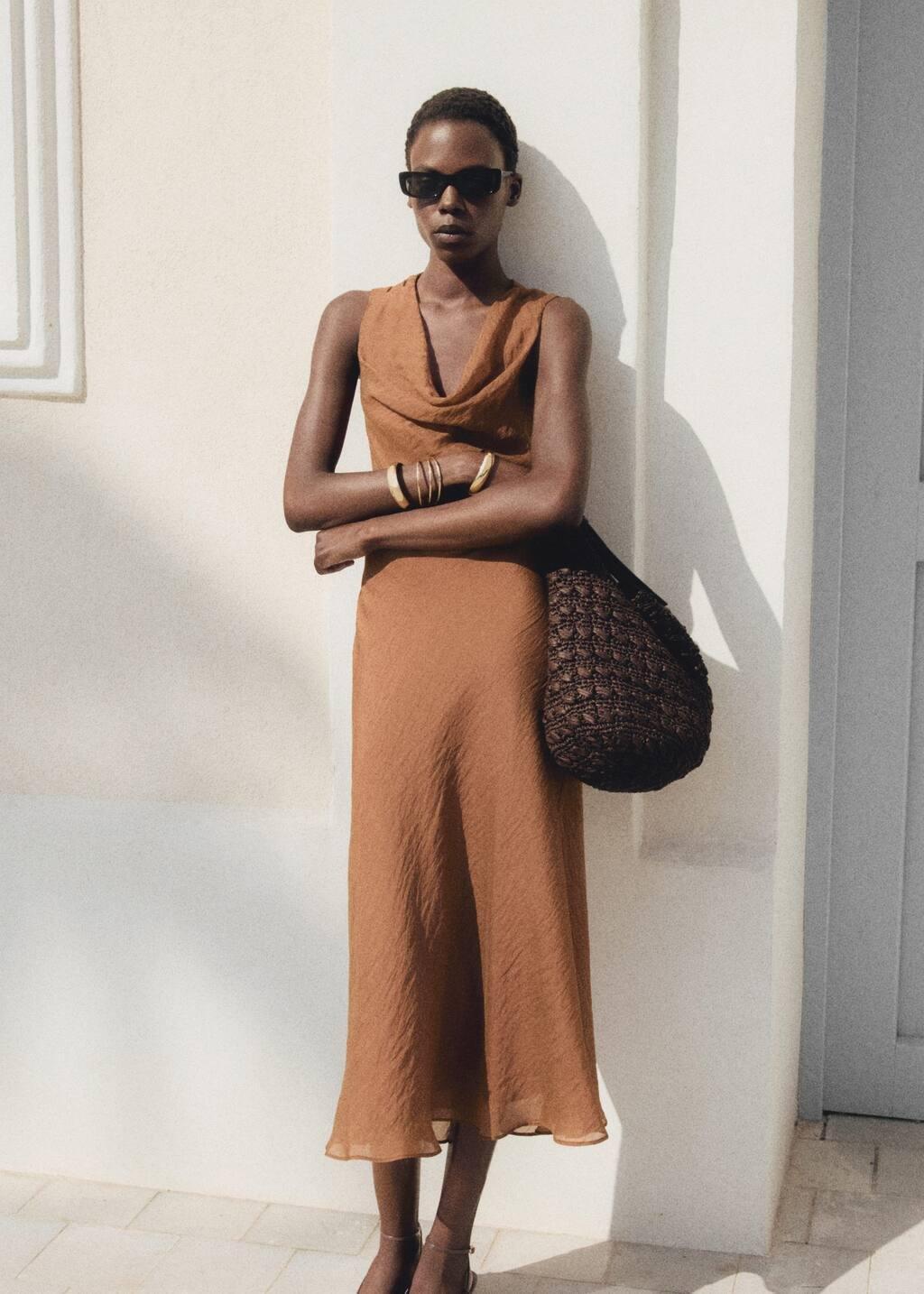 Brown Draped Neck Lyocell Dress, , large image number 5