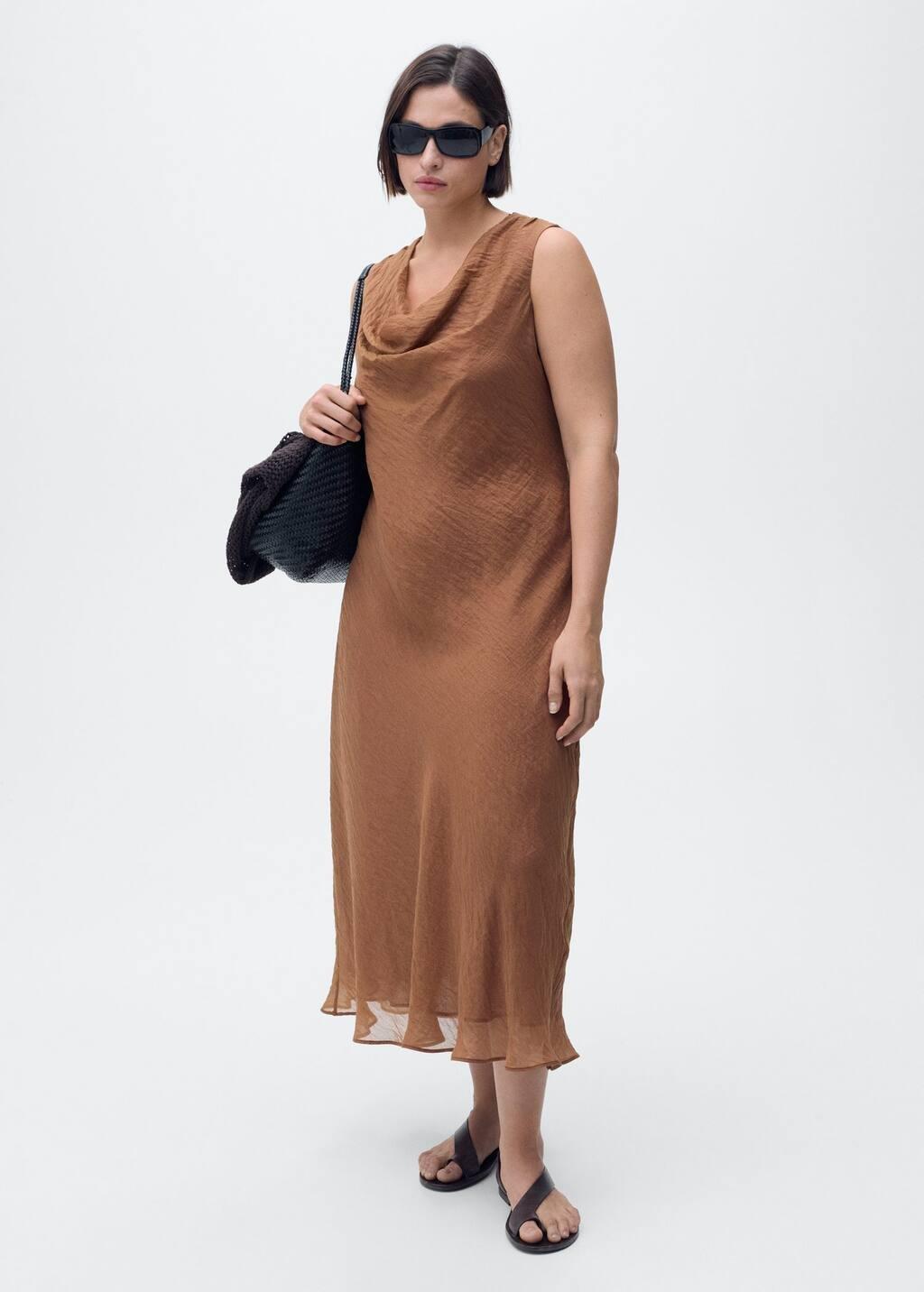 Brown Draped Neck Lyocell Dress, , large image number 6