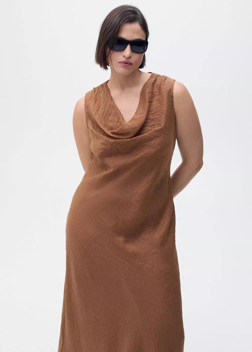 Brown Draped Neck Lyocell Dress, , large image number 9