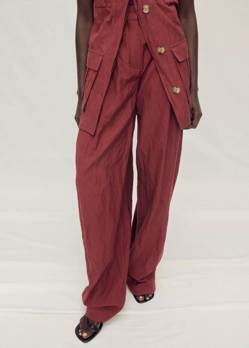 Red Wideleg Creased Suit Trousers, , large image number 0