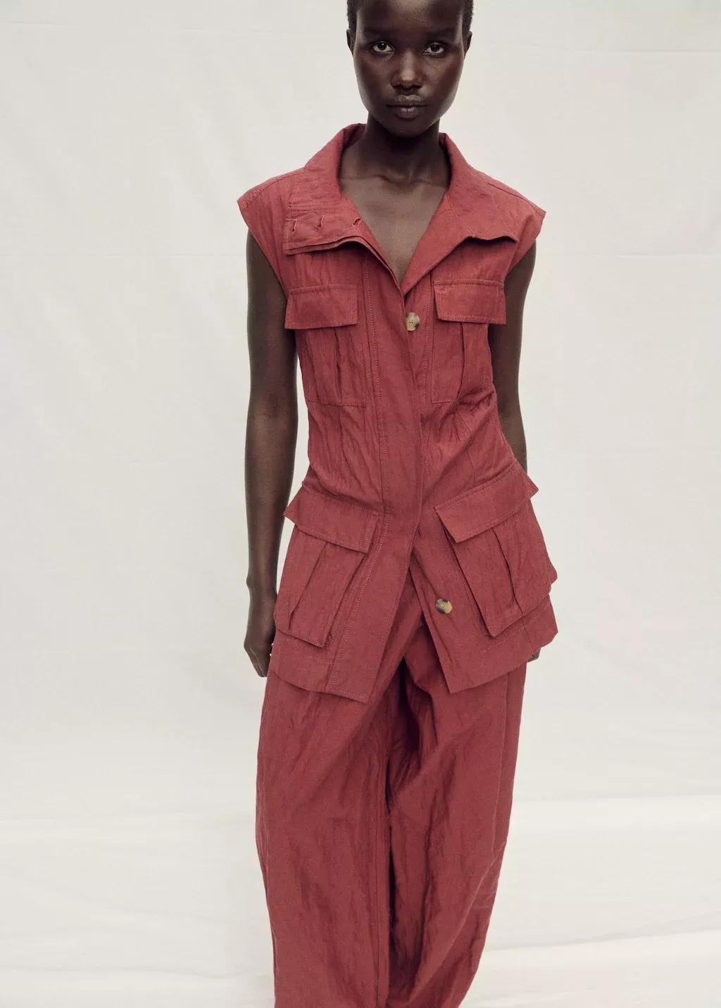 Red Wideleg Creased Suit Trousers, , large image number 1