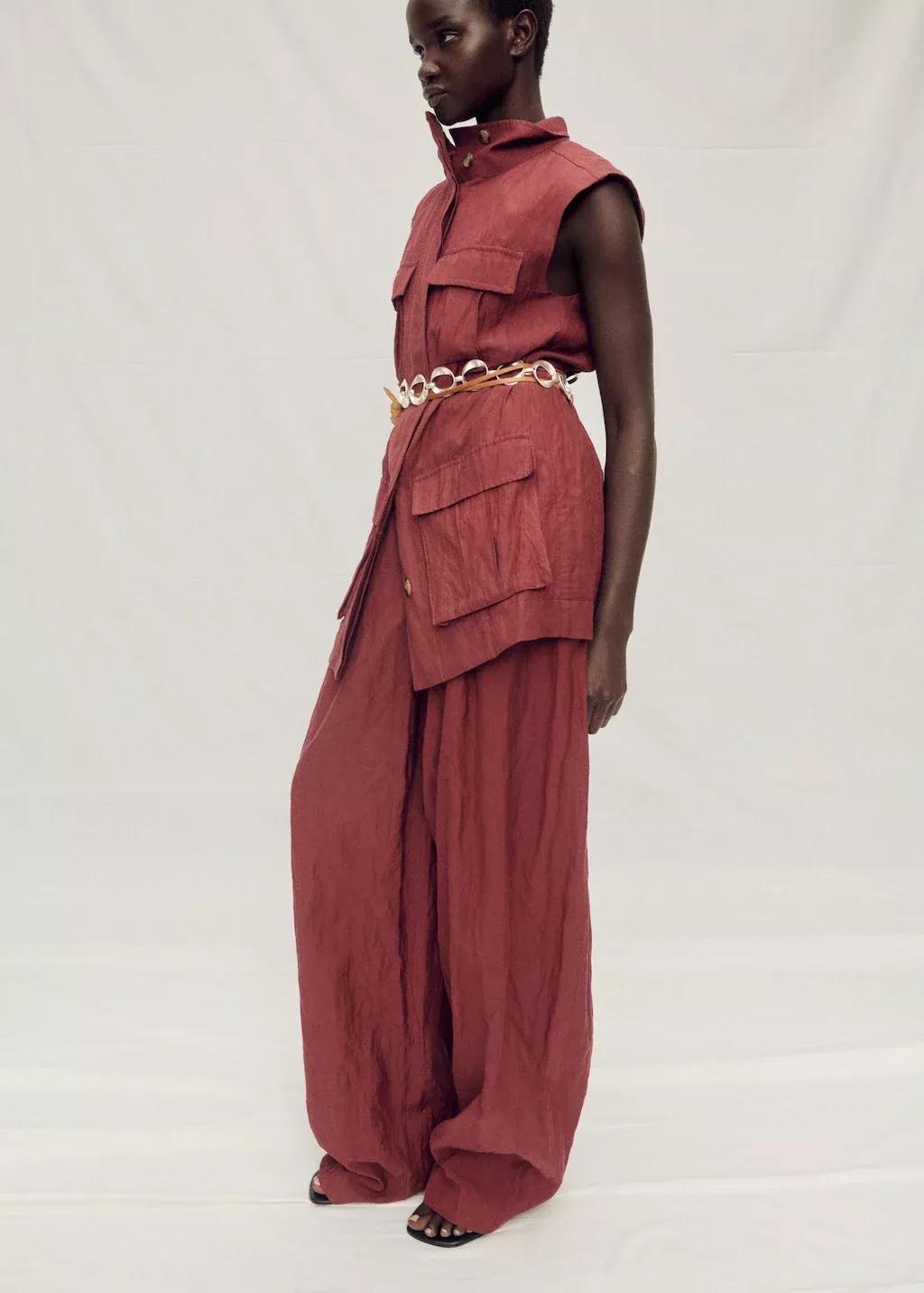 Red Wideleg Creased Suit Trousers, , large image number 2