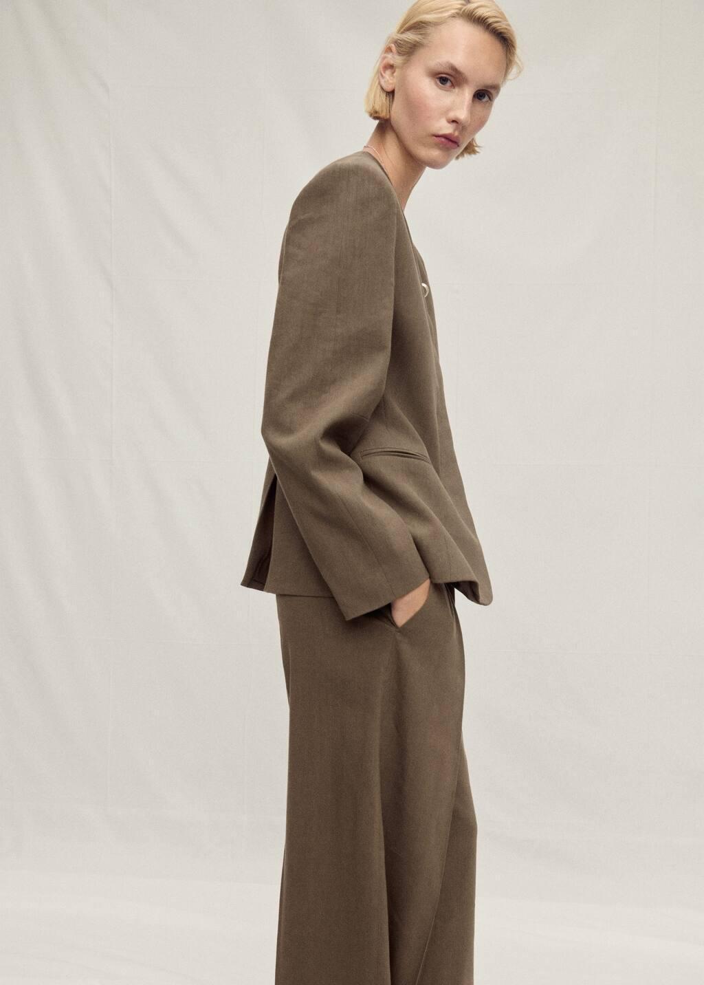 Khaki Seamless Linen Suit Trousers, , large image number 1
