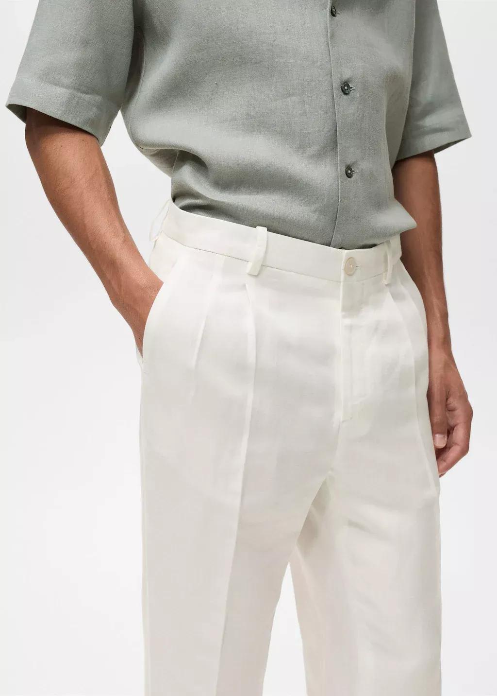 White Linen-Blend Pleated Trousers, , large image number 1