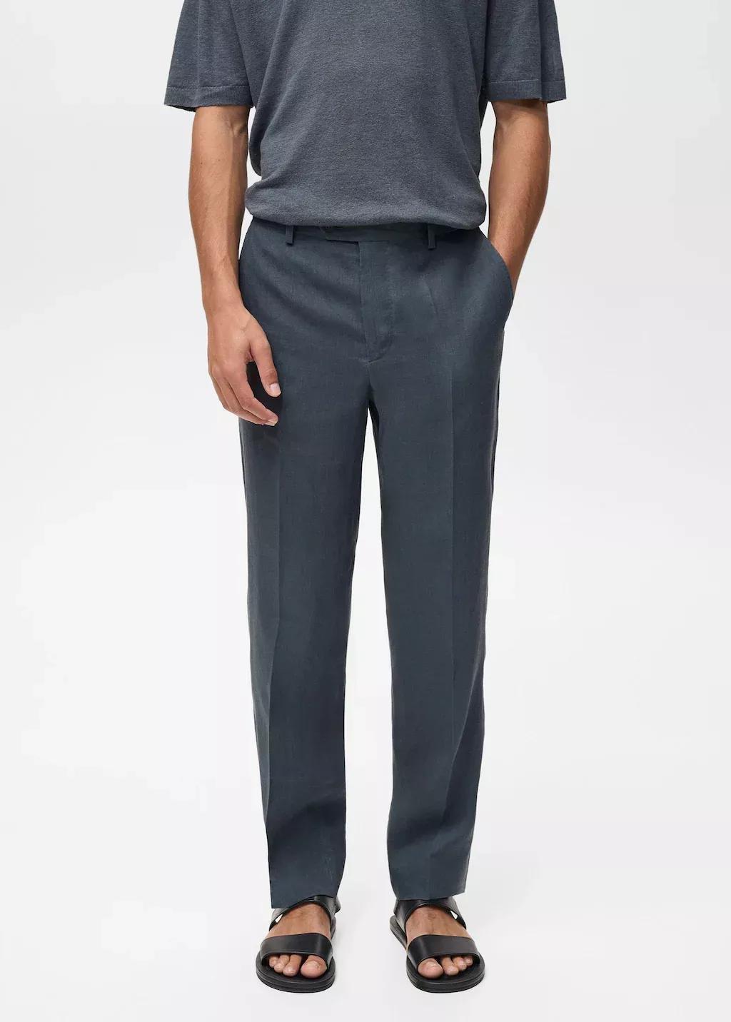 Turquoise 100% Linen Straight Trousers, , large image number 0