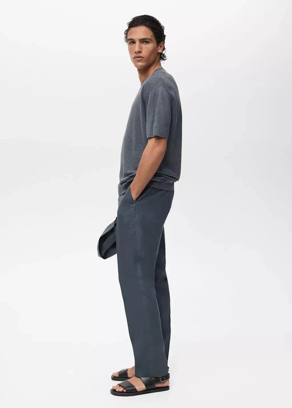 Turquoise 100% Linen Straight Trousers, , large image number 2
