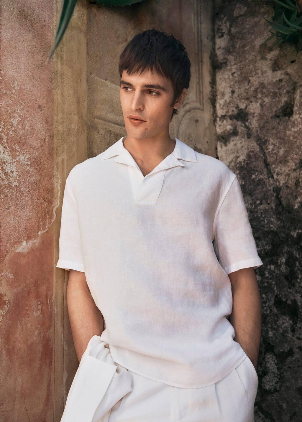 White Lyocell Linen Polo Shirt Regular Fit, , large image number 5