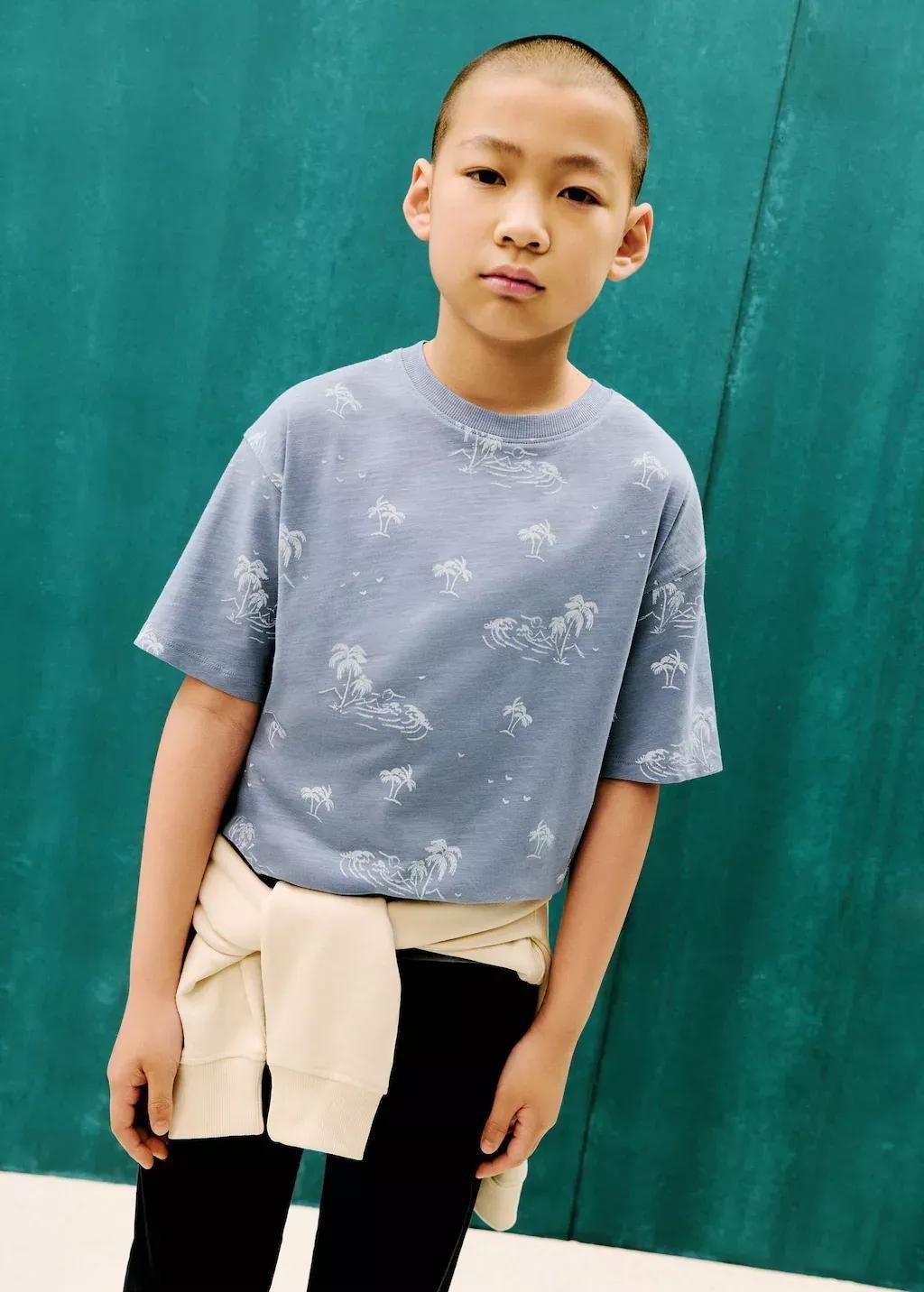 Blue Palm Print T-Shirt, Kids Boy, , large image number 0