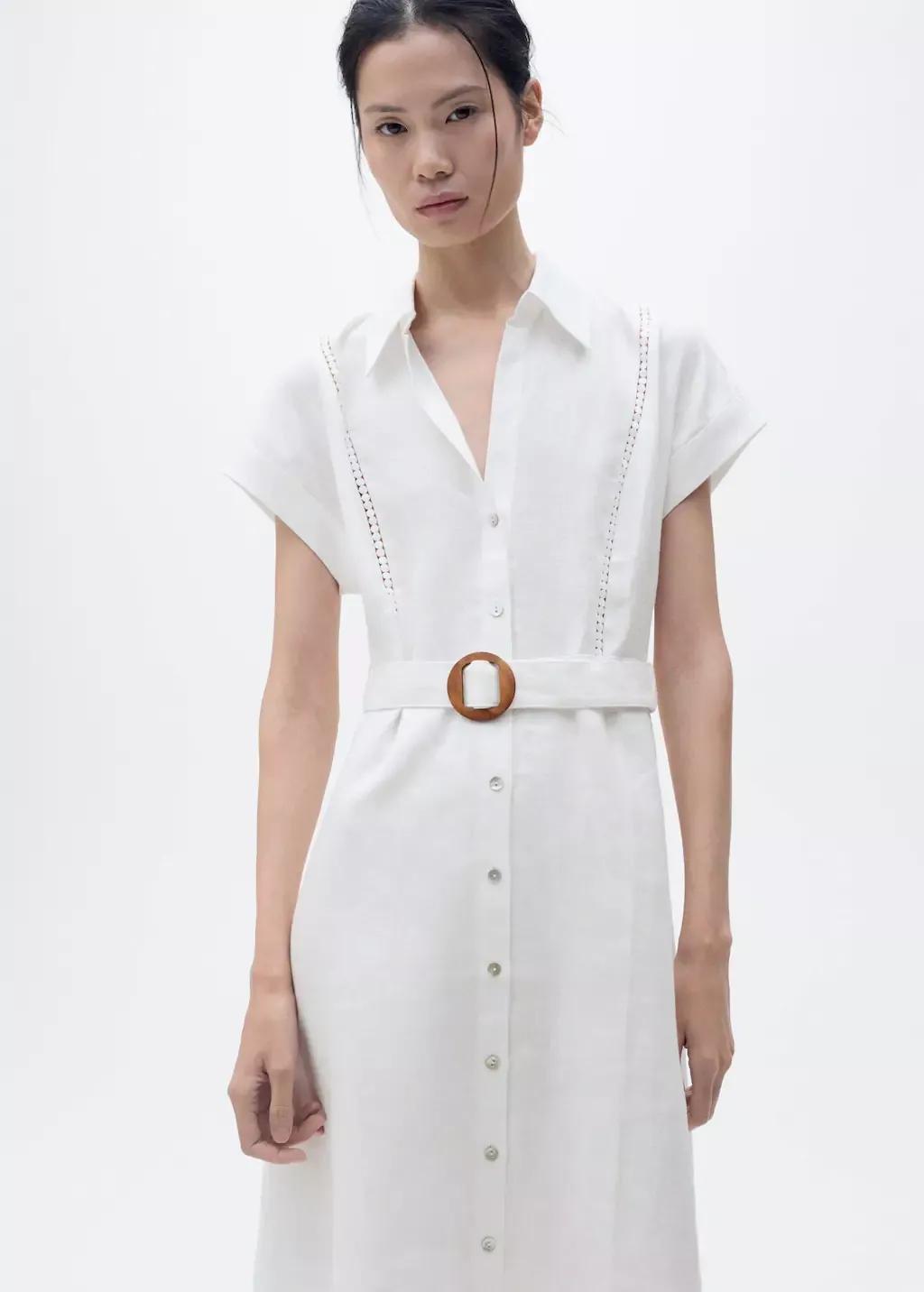 White Belt Linen Dress, , large image number 0