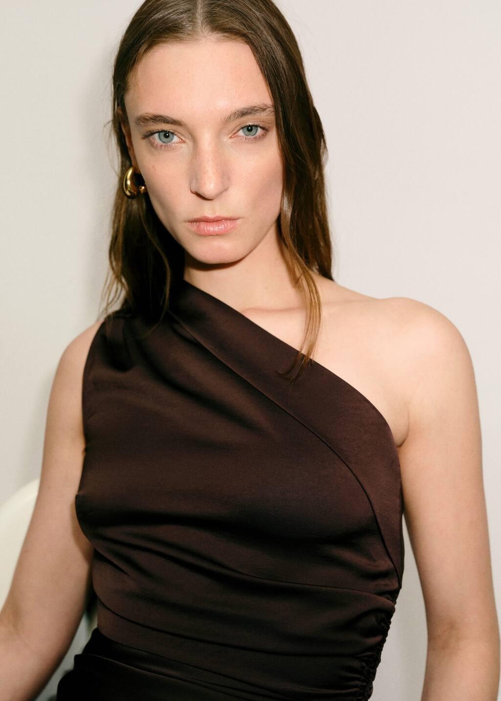 Brown Asymmetrical Satin Dress With Side Slits, , large image number 1