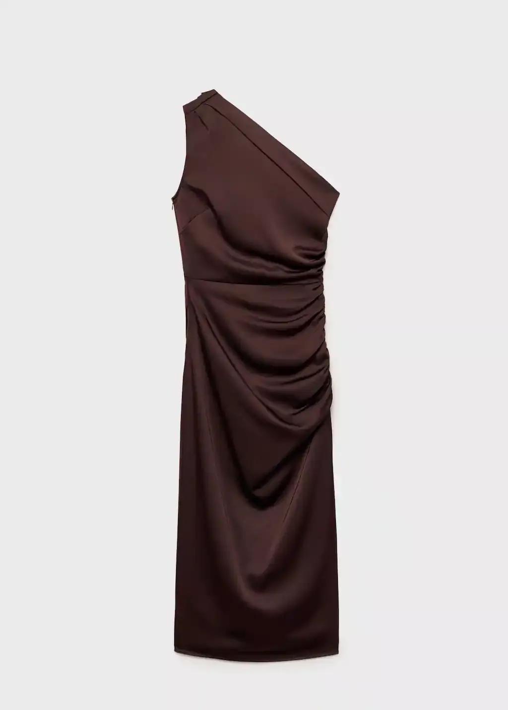 Brown Asymmetrical Satin Dress With Side Slits, , large image number 2