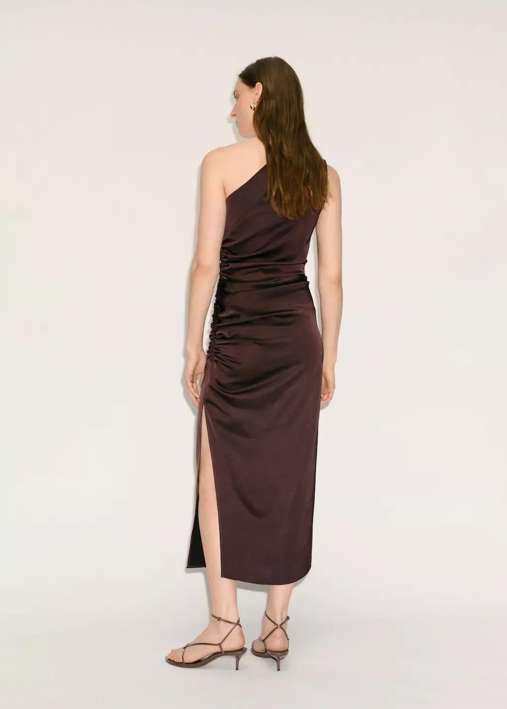 Brown Asymmetrical Satin Dress With Side Slits, , large image number 6