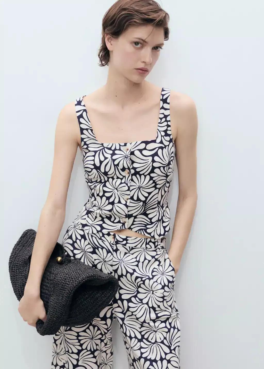 Beige Floral Fitted Linen Top, , large image number 0