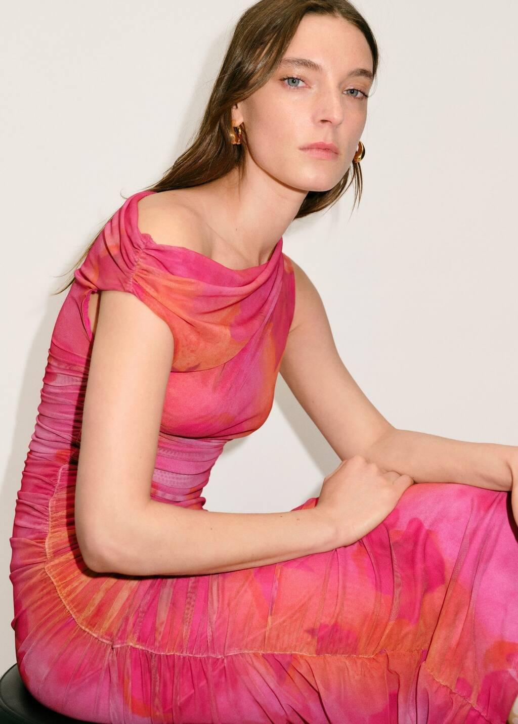 BRIGHT PINK Floral midi-dress with asymmetrical neckline, , large image number 2