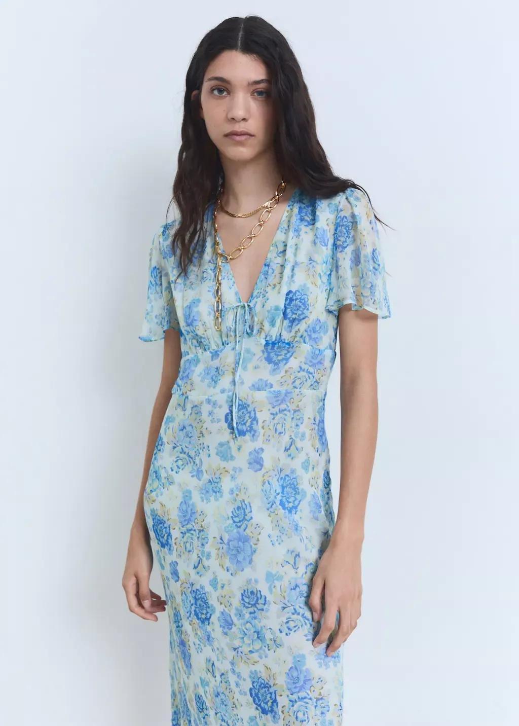 Blue Long Floral Dress With Short Sleeves, , large image number 0