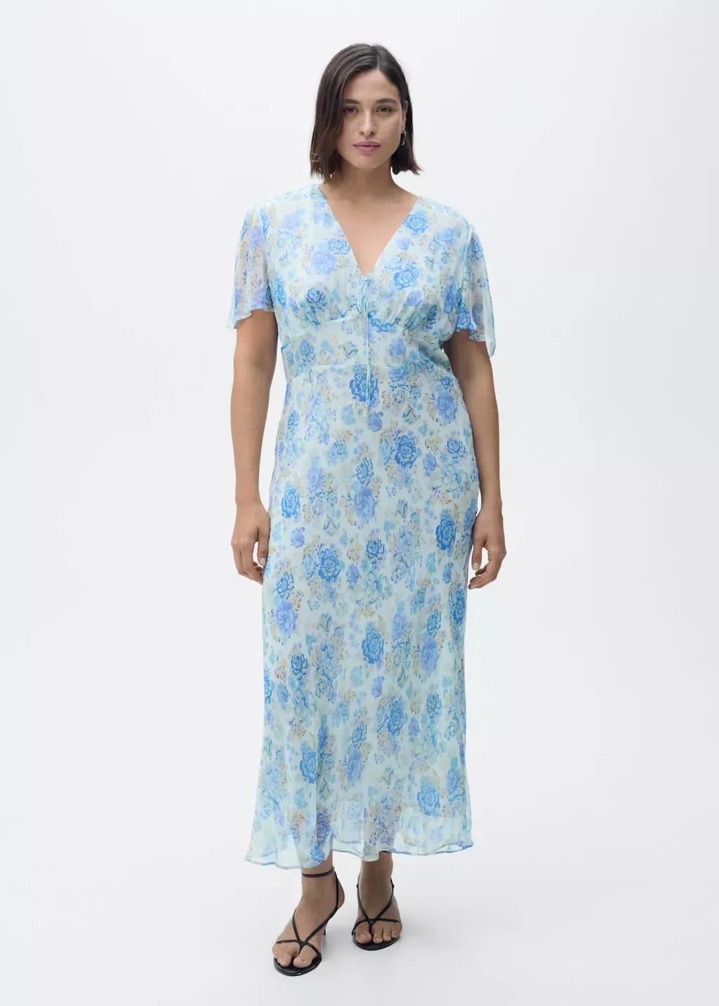 Blue Long Floral Dress With Short Sleeves, , large image number 1