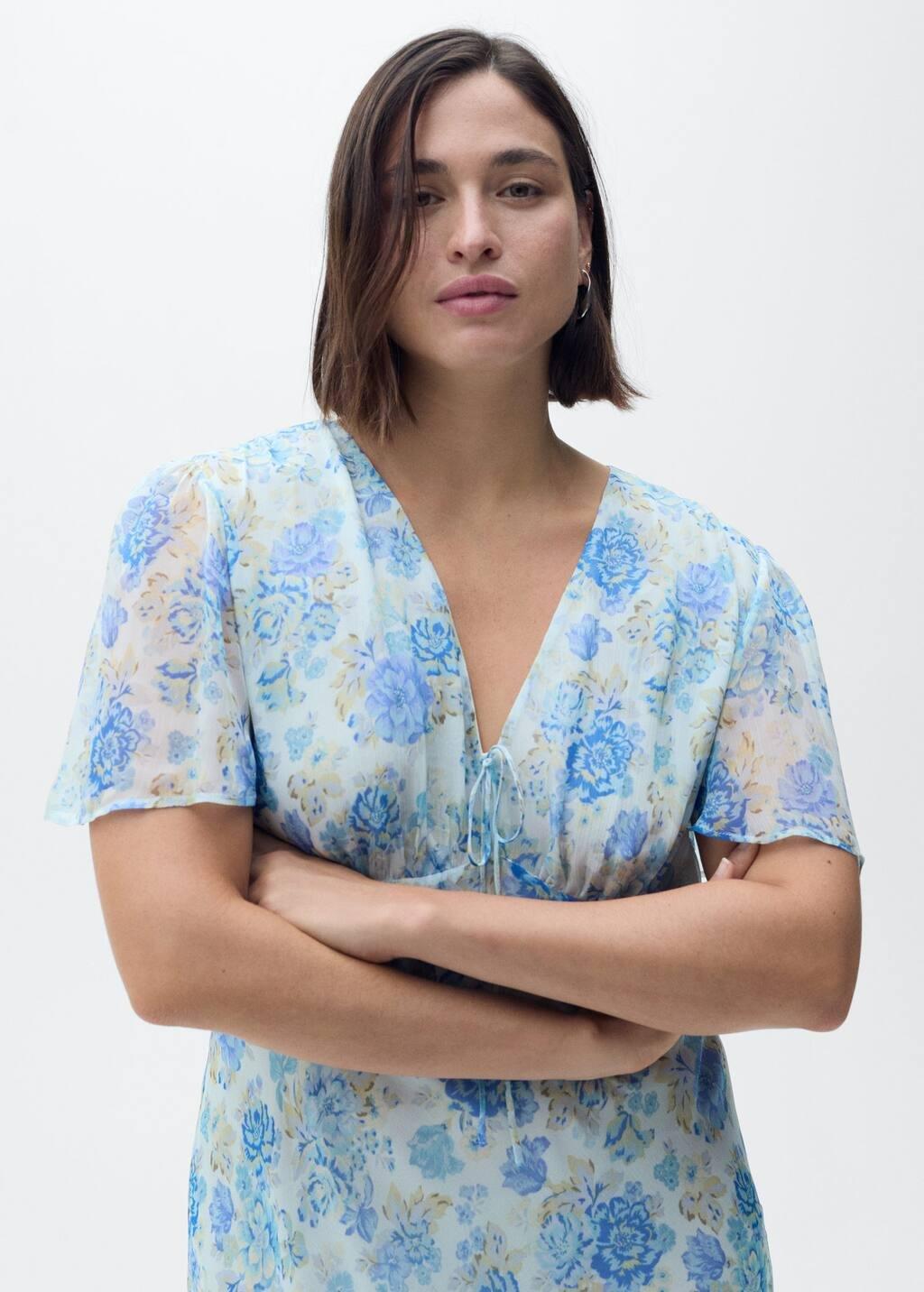Blue Long Floral Dress With Short Sleeves, , large image number 2