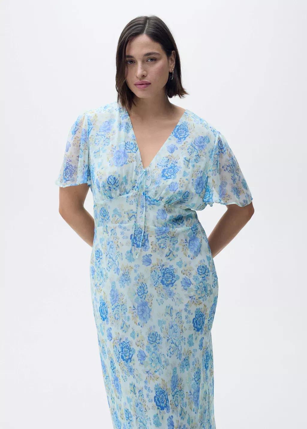 Blue Long Floral Dress With Short Sleeves, , large image number 4