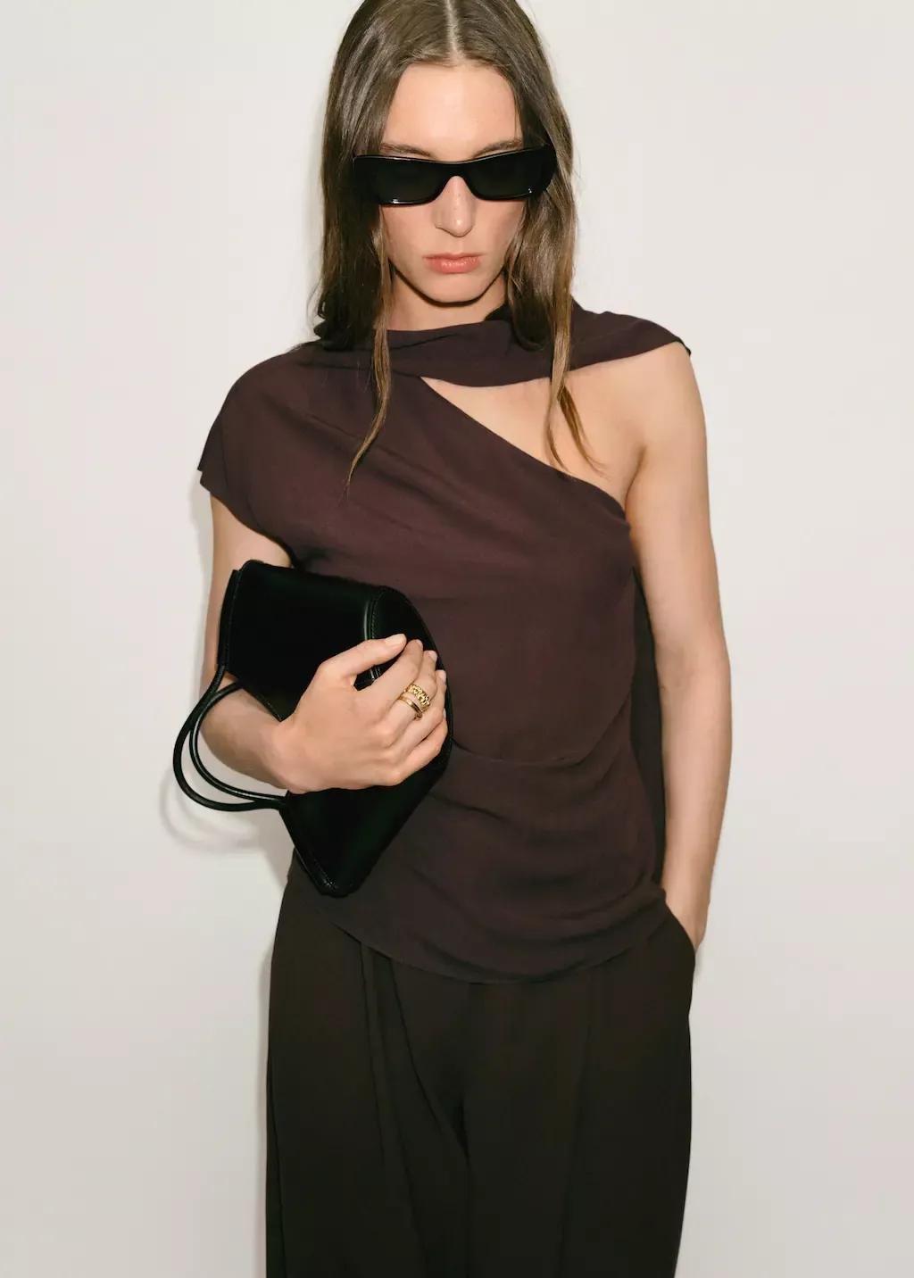 Brown Asymmetrical Scarf Blouse With Fringe Detail, , large image number 0