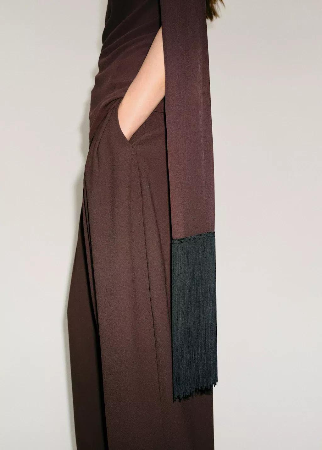 Brown Asymmetrical Scarf Blouse With Fringe Detail, , large image number 1