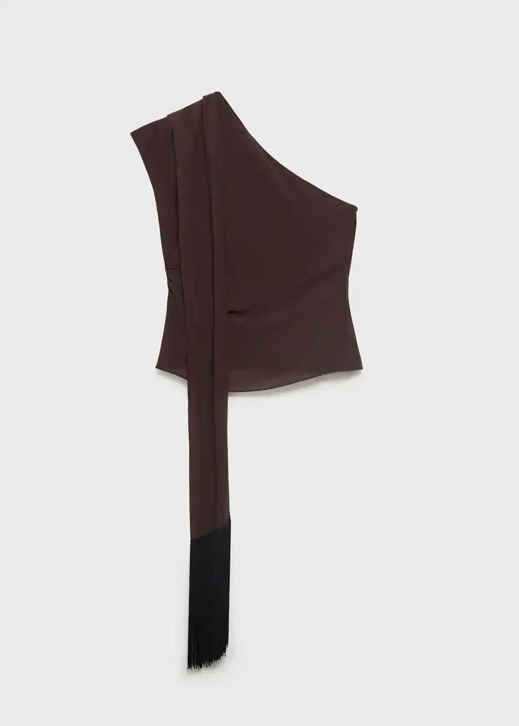Brown Asymmetrical Scarf Blouse With Fringe Detail, , large image number 4