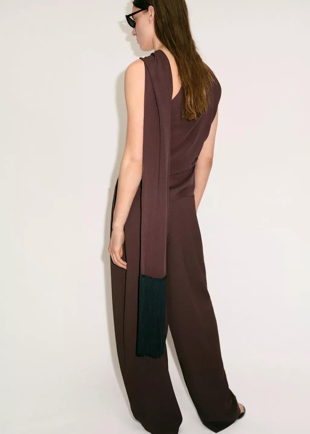 Brown Asymmetrical Scarf Blouse With Fringe Detail, , large image number 5
