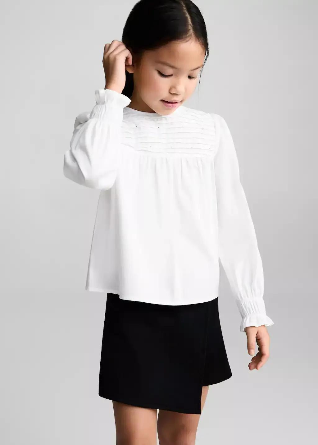 White Rhinestone Pleated Blouse, Kids Girl, , large image number 0